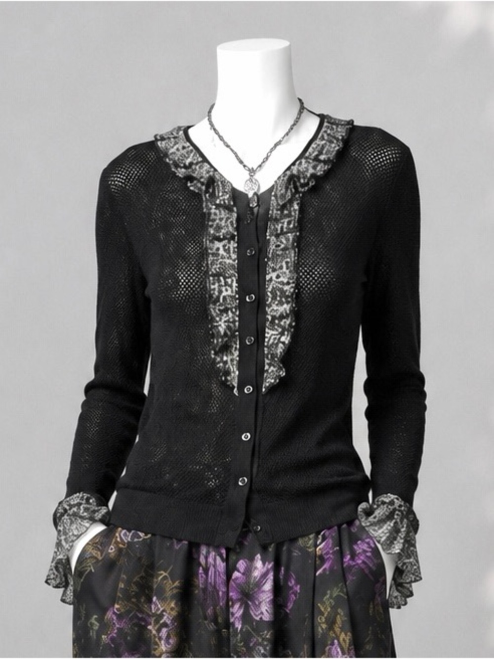 Vintage Anne Fontaine Cardigan Black SHEER  Ruffle Trim French Preppy Knit US S